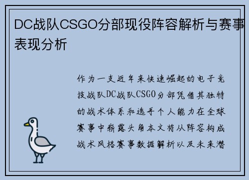 DC战队CSGO分部现役阵容解析与赛事表现分析